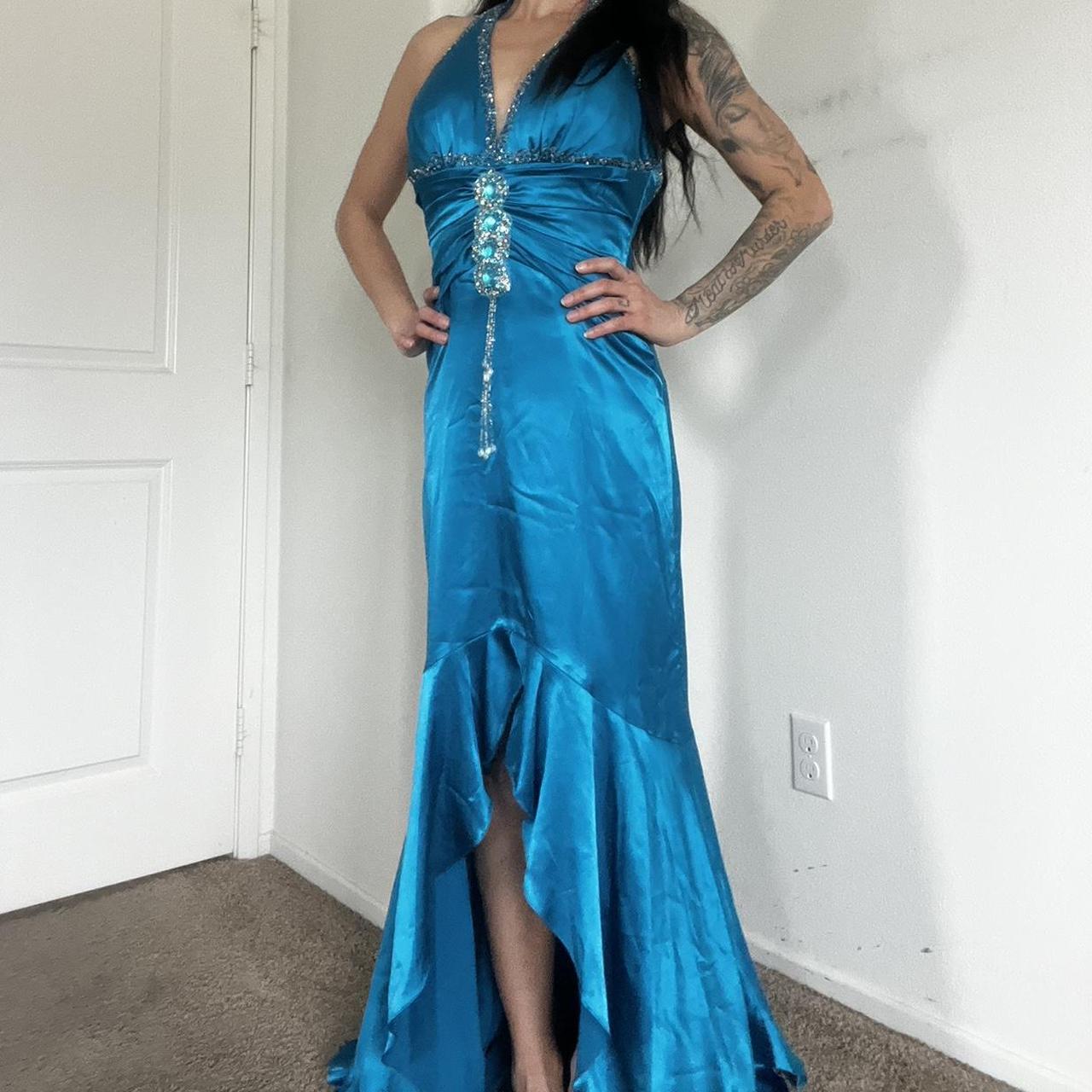 Blue Vintage Rhinestone Halter Neck Long Satin Prom Gown Evening Dress Party Dress nv4664