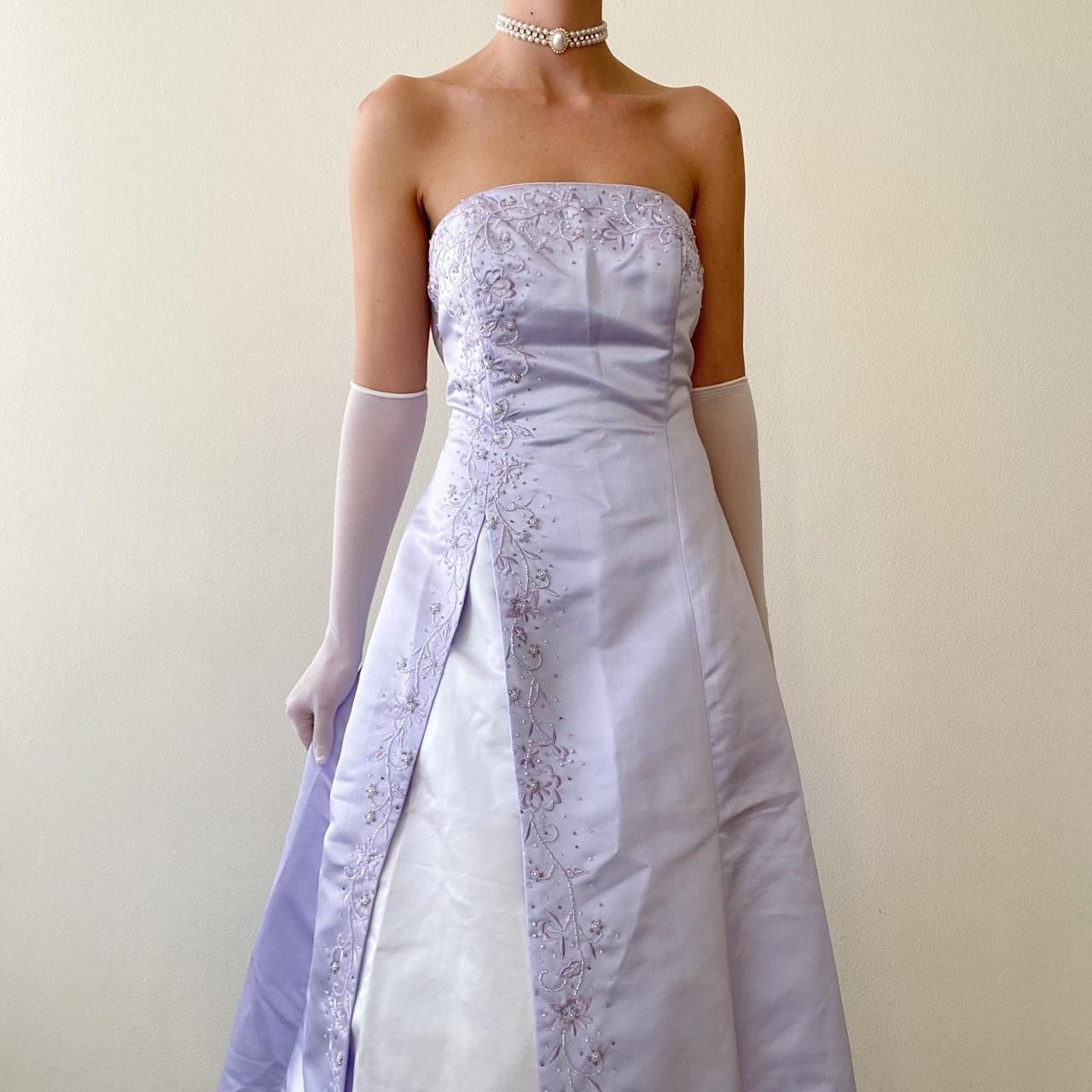 Robe de soirée longue en satin et tulle, tenue de bal élégante et raffinée, style vintage, violet clair, motif floral, perles, pour anniversaire, nv4001