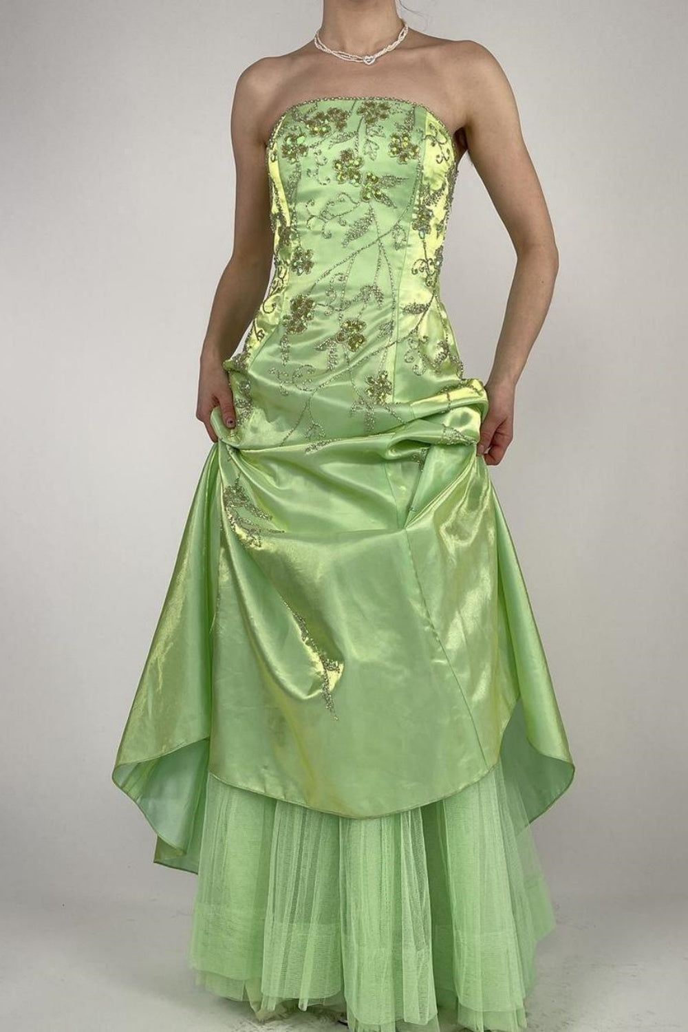 NiceVestidos-Green exquisite beaded long satin fairy gown ball gown y2k vintage dress nv5441
