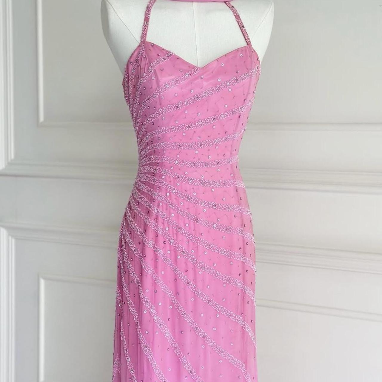 Vintage rosa 90er Jahre Y2k Fee Boho Kristall Perlen Stickerei Herzausschnitt langes Ballkleid Abendkleid Partykleid nv4409