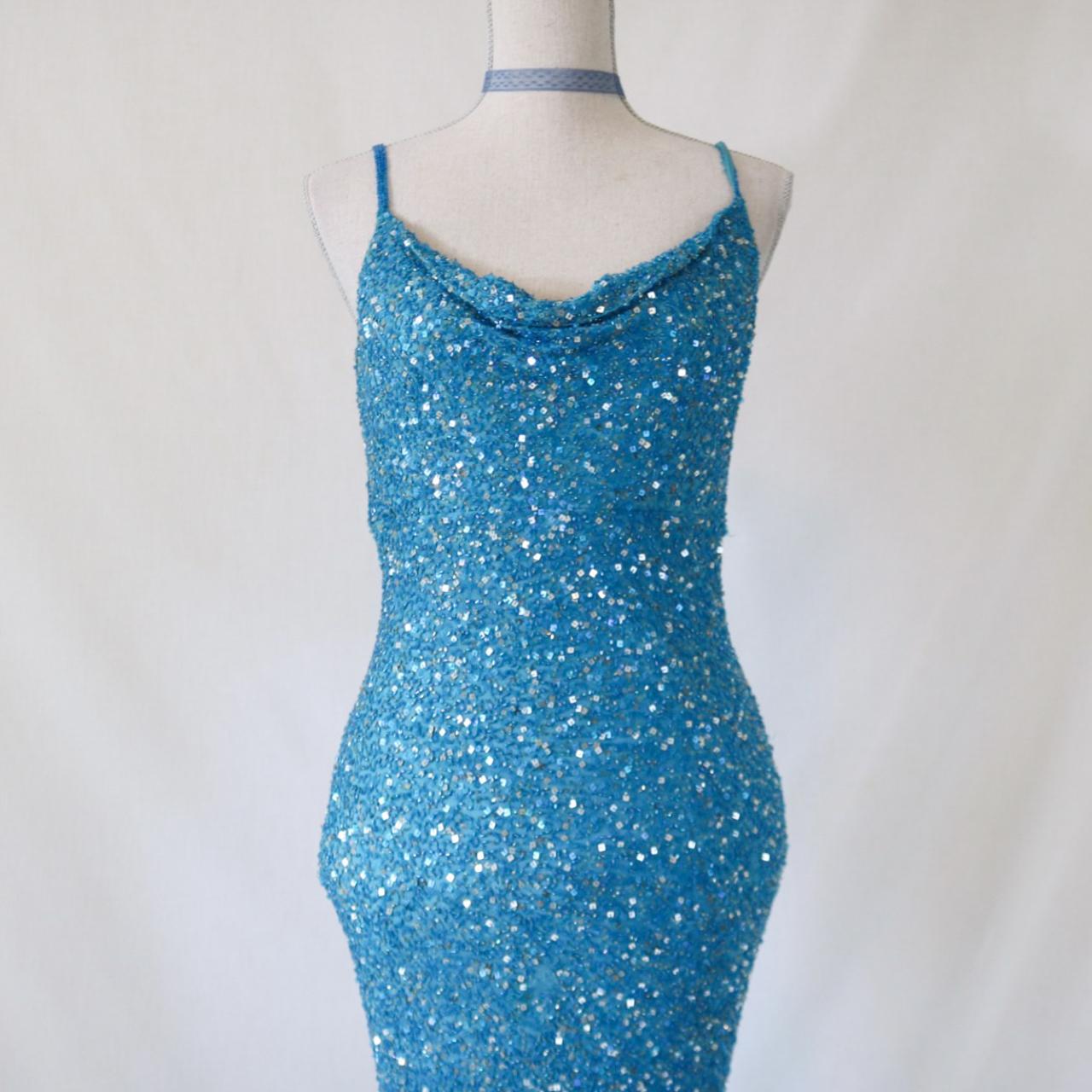 Vintage aqua blue beaded sequined long formal prom dress, evening gown, party dress nv4986