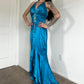 Blue Vintage Rhinestone Halter Neck Long Satin Prom Gown Evening Dress Party Dress nv4664