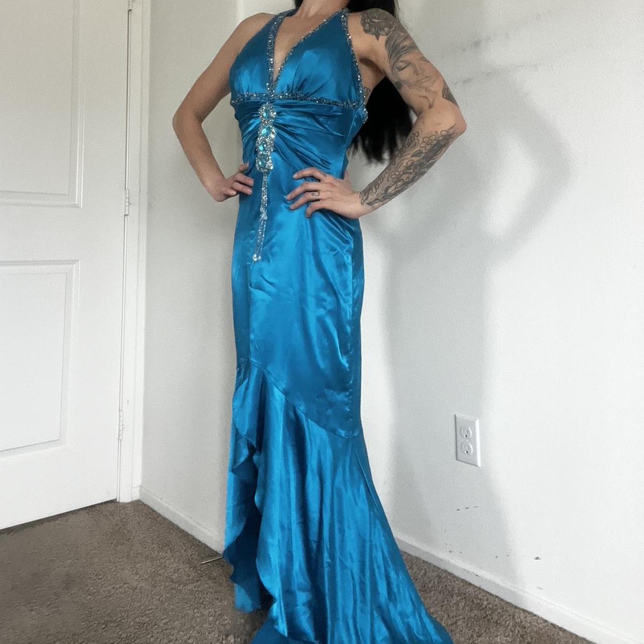 Blue Vintage Rhinestone Halter Neck Long Satin Prom Gown Evening Dress Party Dress nv4664