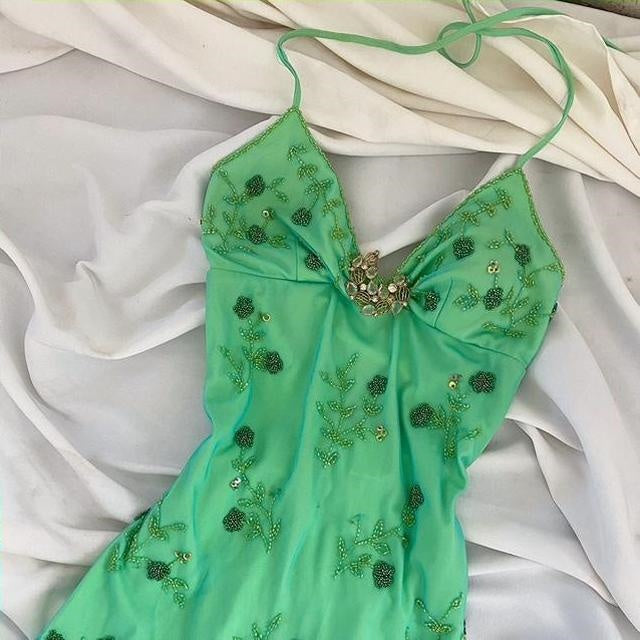 Blue Green Forest Moonlight Goddess Backless Mermaid Style Beading Elegant Long Chiffon Birthday Dress Prom Dress Party Dress Homecoming Dress nv4531