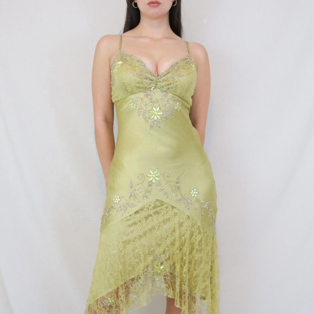 Robe de soirée longue en dentelle style fée chartreuse vintage perlée, mini, robe de soirée d'anniversaire, nv4990