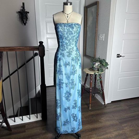 Robe de soirée longue en tulle bleu rétro, élégante et luxueuse, avec perles, tenue de bal, nv3923