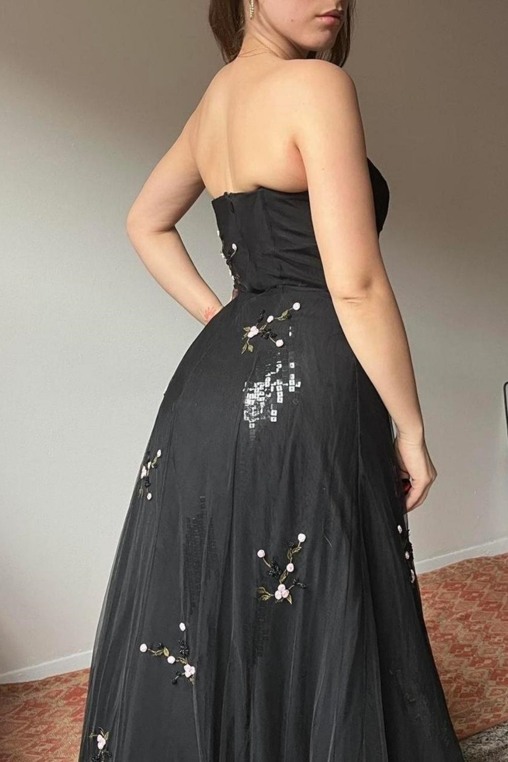 NiceVestidos-Black vintage floral long tulle evening gown Nv5640