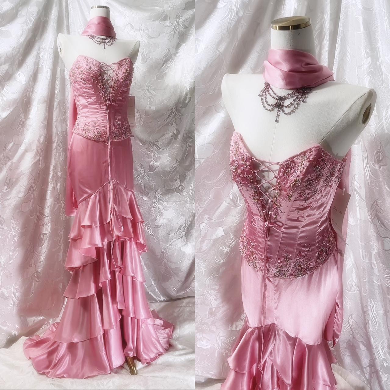 💘Robe de soirée longue en satin à volants et perles rose exquise nv5414
