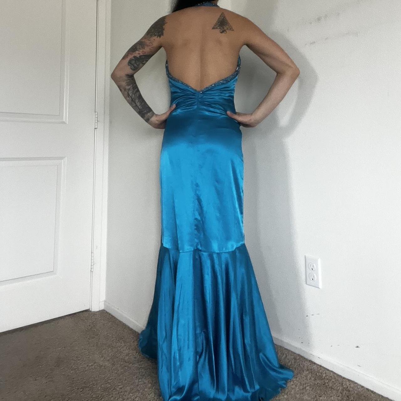 Blue Vintage Rhinestone Halter Neck Long Satin Prom Gown Evening Dress Party Dress nv4664