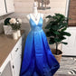Atemberaubendes Cinderella-Ballkleid mit V-Ausschnitt und langem Satin in Blau mit Farbverlauf, Abendkleid, Partykleid, NV4254