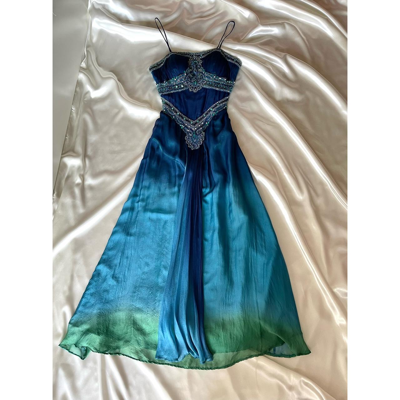 💙Gorgeous and unique blue and green beaded ombre long chiffon prom dress nv5381