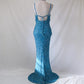 Vintage aqua blue beaded sequined long formal prom dress, evening gown, party dress nv4986