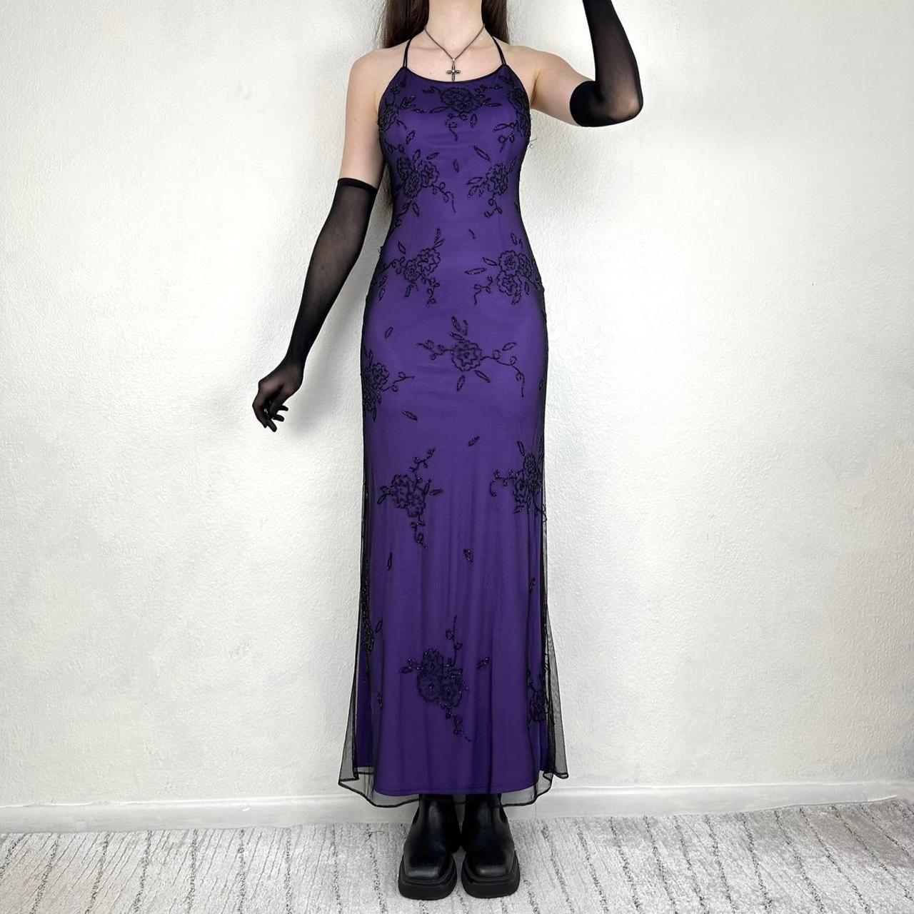 Vintage Purple Black Gothic Vampire Beaded Floral Long Formal Dress Prom Gown Chiffon nv5402