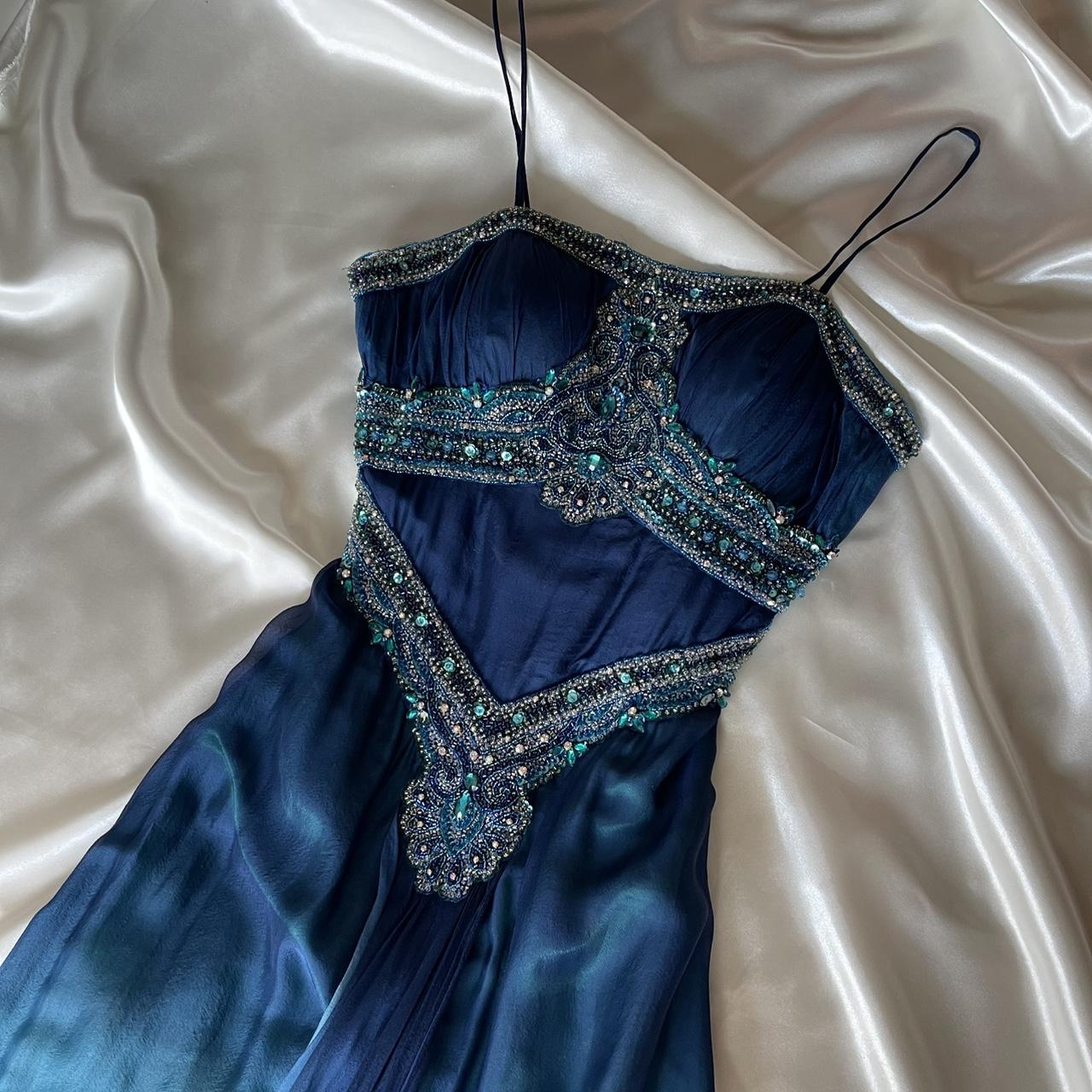 💙Gorgeous and unique blue and green beaded ombre long chiffon prom dress nv5381