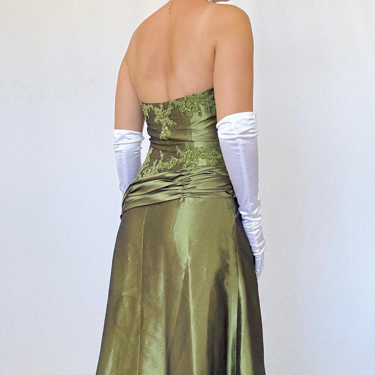 NiceVestidos-Green delicate floral applique vintage long satin gown evening dress Nv5633