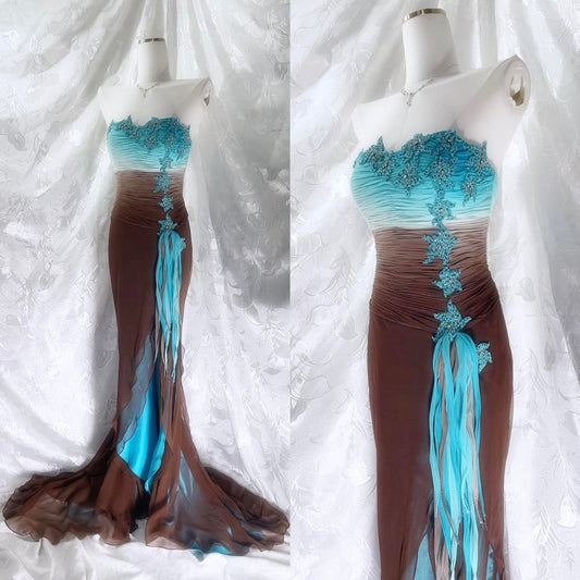 Blue brown fashion gradient fairy exquisite beaded long chiffon mermaid dress prom dress nv5417