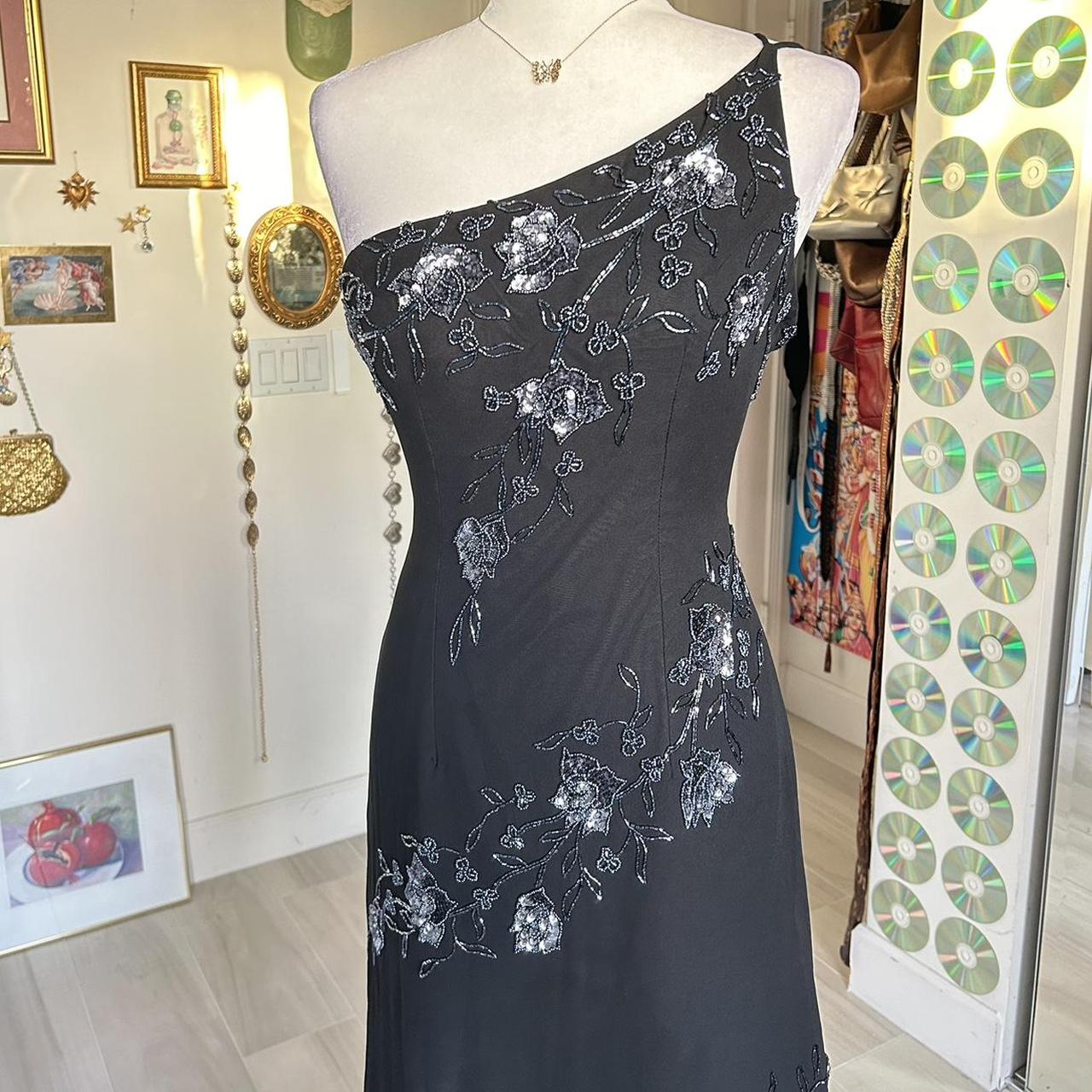 Black one shoulder beaded floral midi chiffon ball gown evening dress party dress nv4244