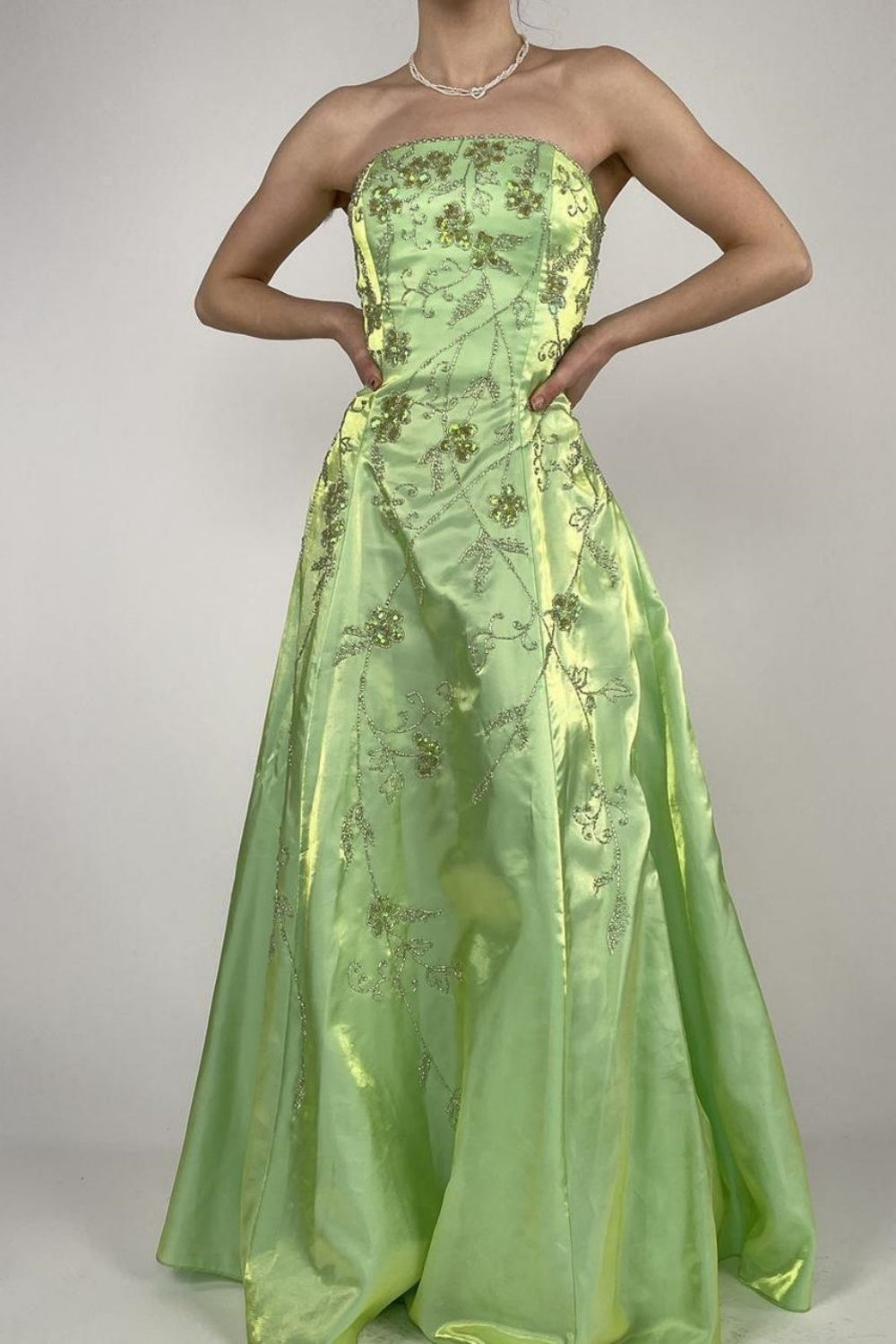 NiceVestidos-Green exquisite beaded long satin fairy gown ball gown y2k vintage dress nv5441
