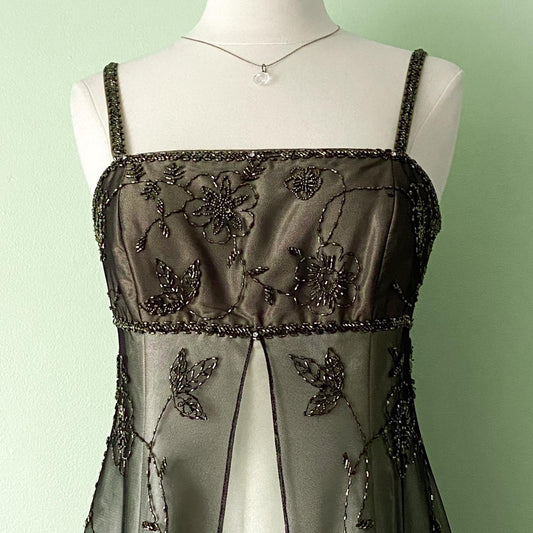 NiceVestidos - Goldfarbenes, zartes Blumenkleid mit Perlen, Vintage-Kleid, langes Tüll-Ballkleid für Damen, NV5647