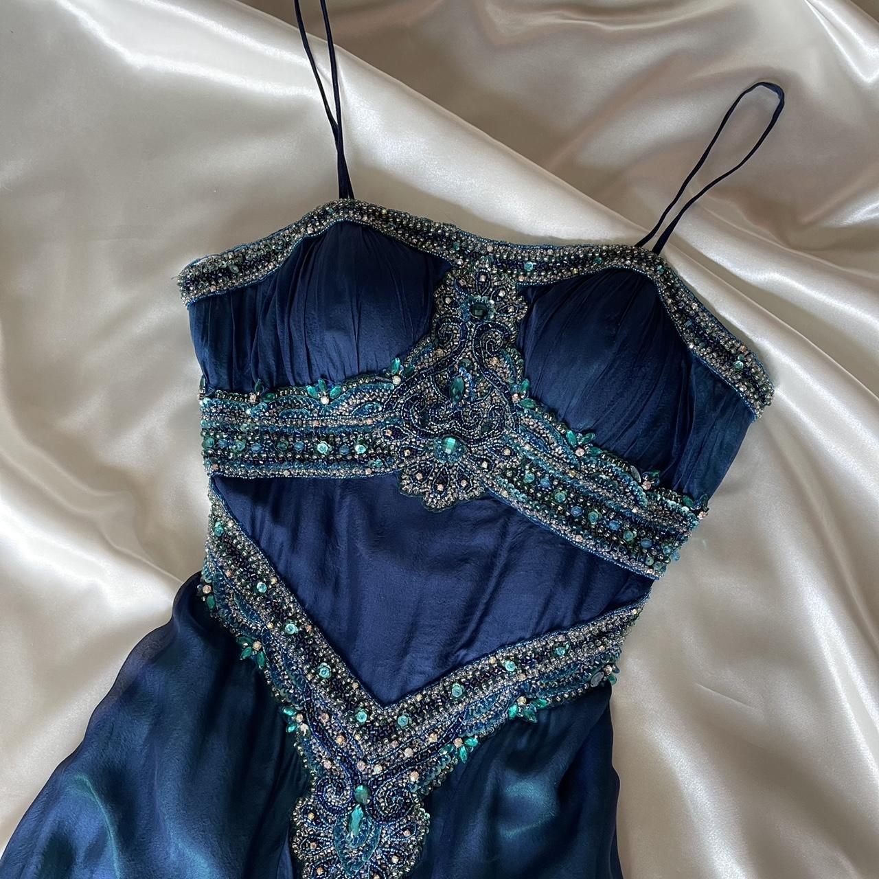 💙Gorgeous and unique blue and green beaded ombre long chiffon prom dress nv5381