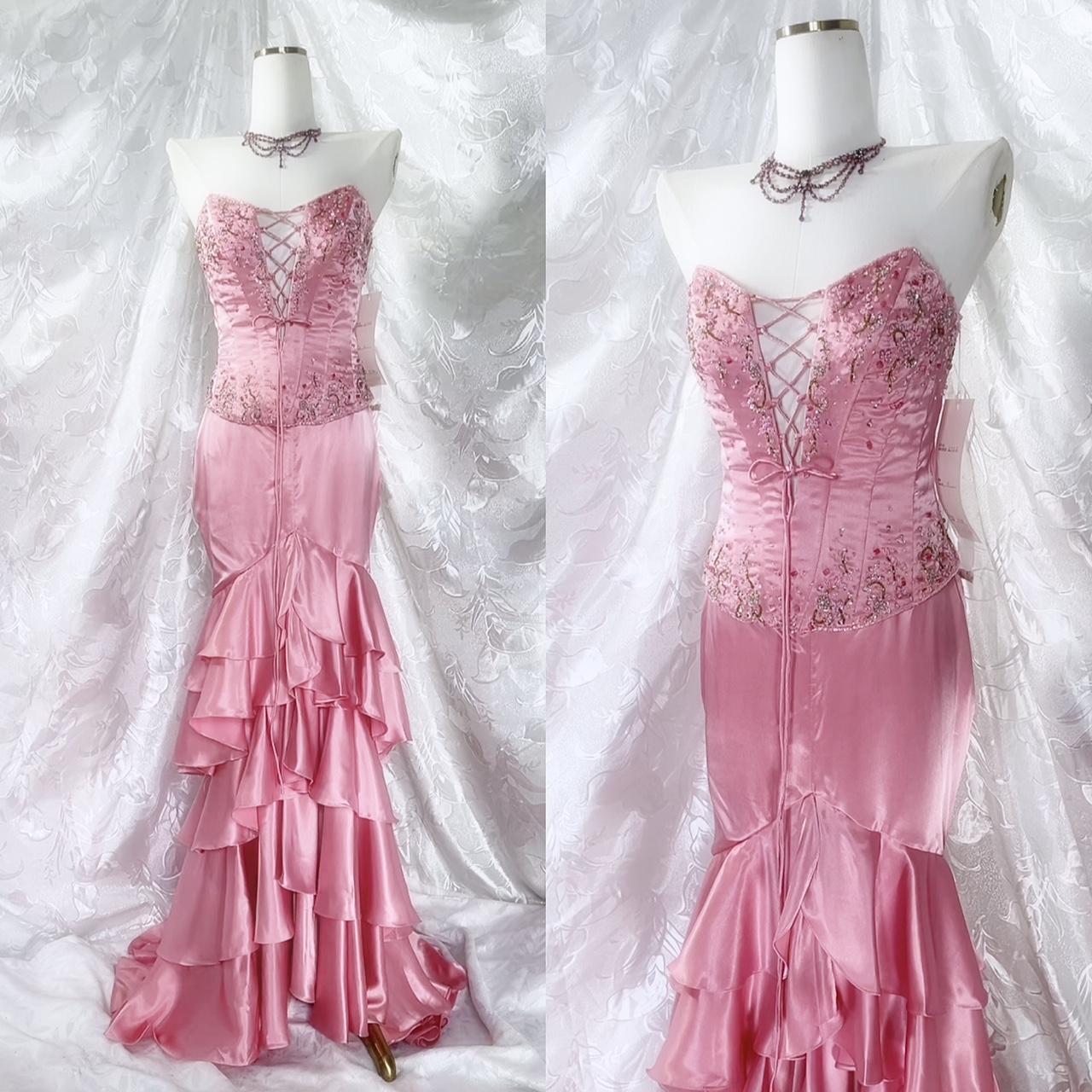 💘Robe de soirée longue en satin à volants et perles rose exquise nv5414