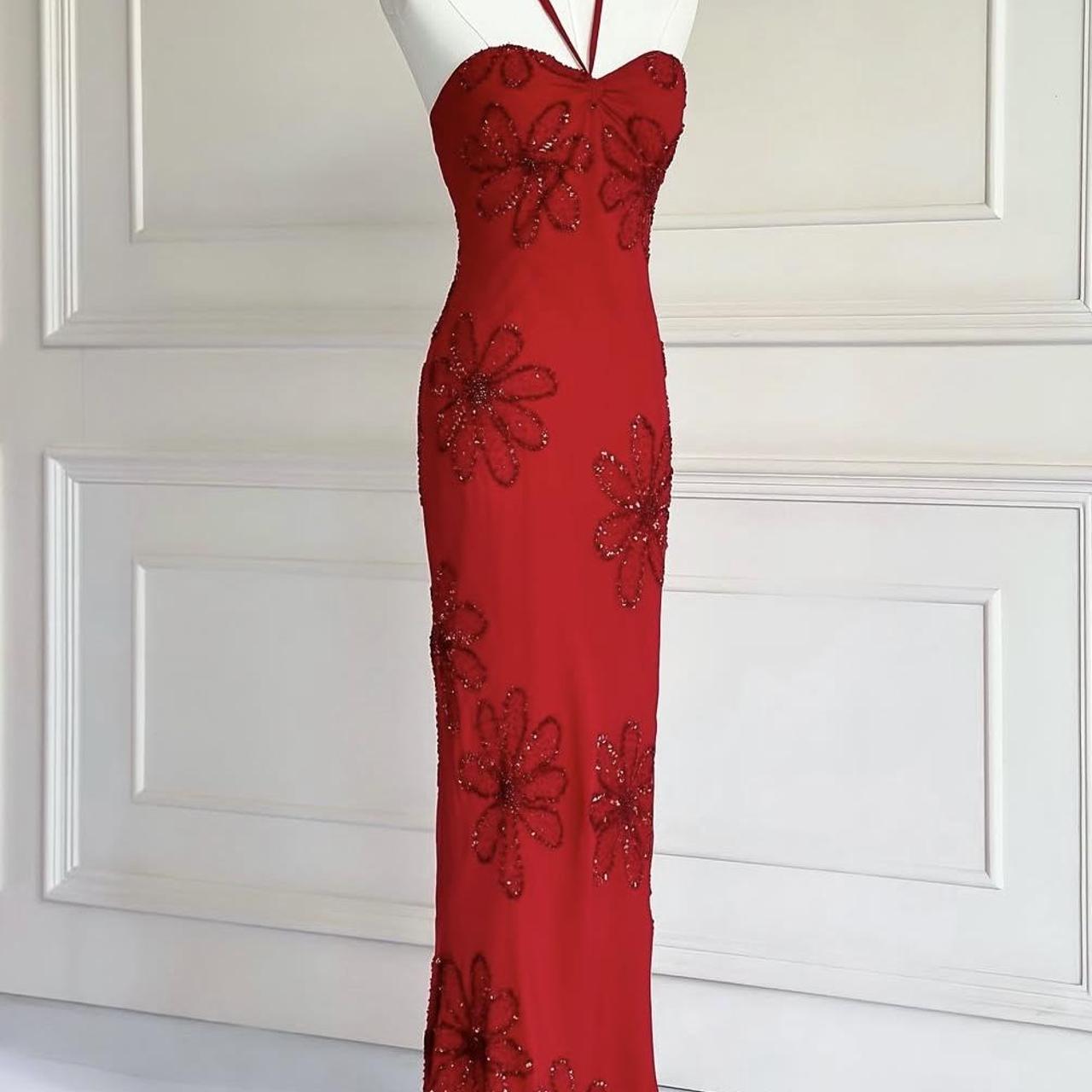 Robe de soirée longue rouge vintage années 90 y2k bohème florale perlée licou robe de bal robe de soirée nv4410