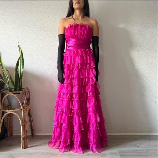 Rosa Elegante Mode Lange Exquisite Spitze Layered Prinzessin Spitze Rüschen prom kleid Abendkleid Party Kleid nv3747