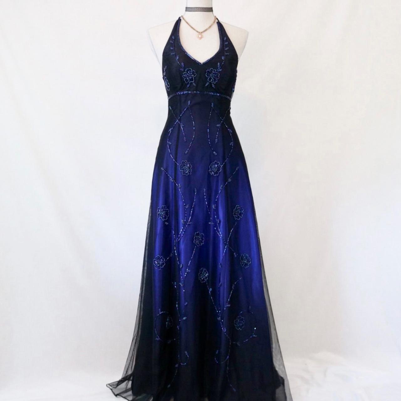 🥀 Vintage Dark Blue Glitter Ombre Beaded Long Tulle Ball Gown Evening Dress Party Dress nv4980