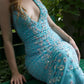 Blue gorgeous exquisite floral beaded women's long chiffon prom dress nv5341