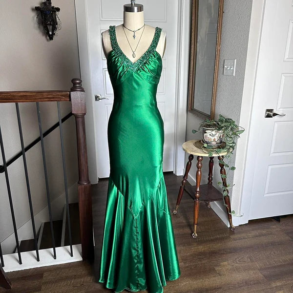 Green Shiny Vintage Fashion Sexy V-neck Rhinestone Bodycon Long Satin Backless Formal Prom Dress Evening Gown Party Dress nv4418
