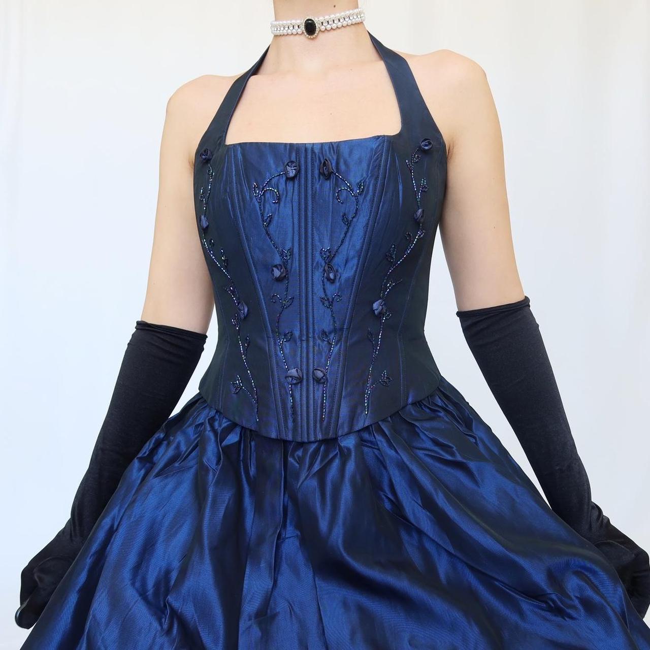 Robe de soirée longue en satin bleu vintage, élégante et délicate, à fleurs, avec perles, col carré et dos nu, tenue de bal, de fête d'anniversaire, nv4002