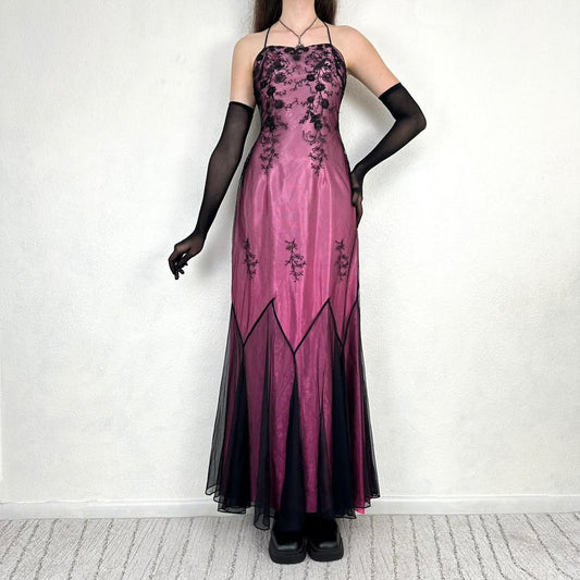 Robe de bal longue en mousseline de soie, style gothique, vintage, noire et rose, à fleurs et perles, style vampire, nv5401
