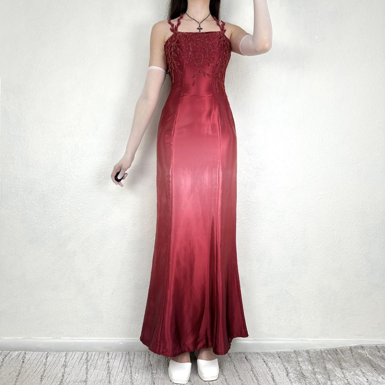 Vintage Red/Pink Gradient Beaded Embroidery Long Satin Formal Dress Prom Gown Gothic Vampire nv5403