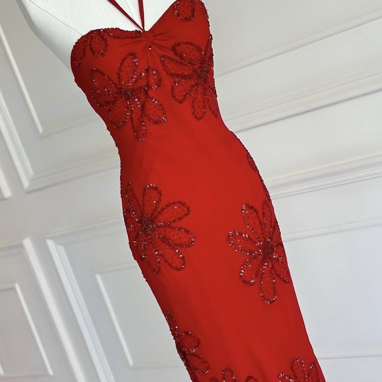 Robe de soirée longue rouge vintage années 90 y2k bohème florale perlée licou robe de bal robe de soirée nv4410