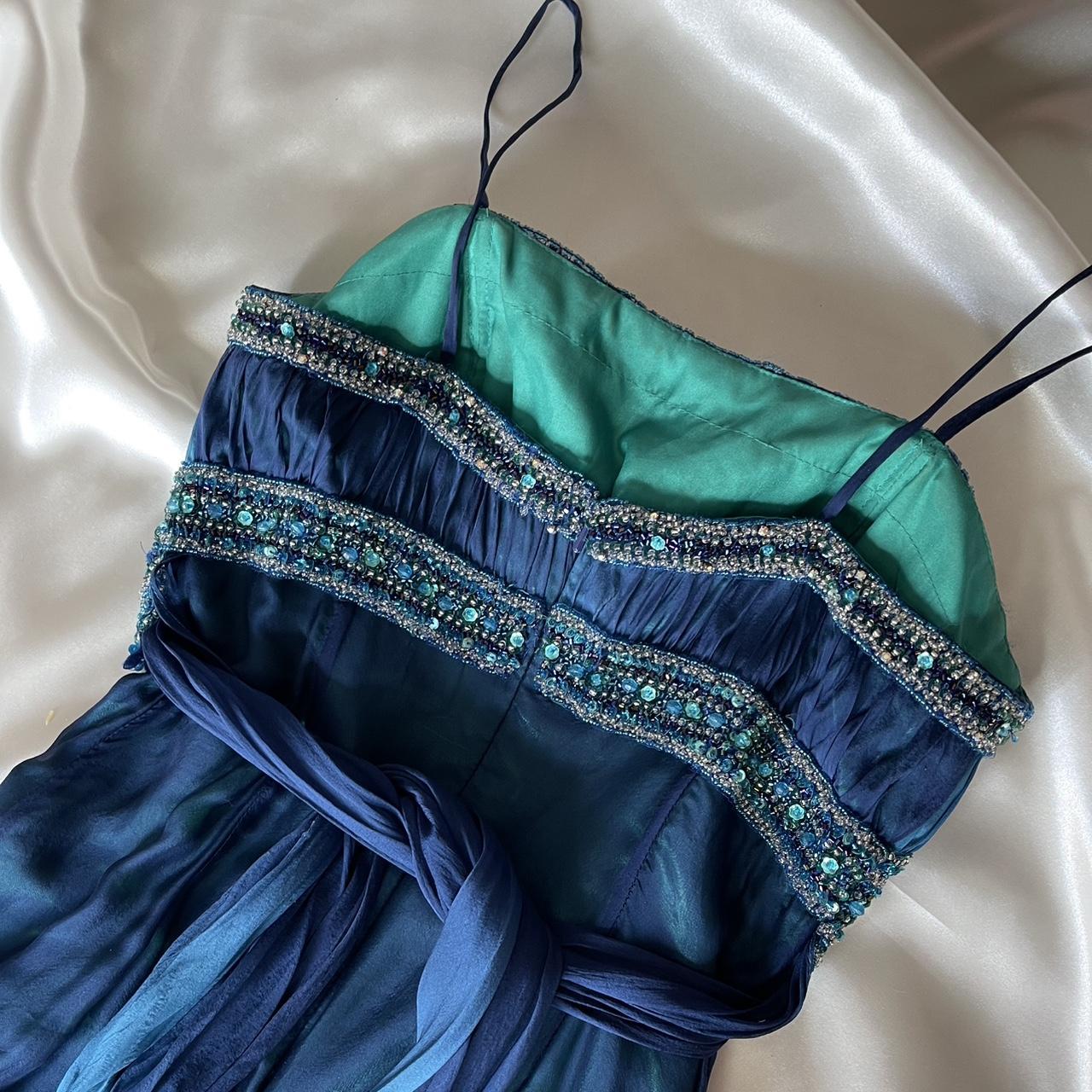 💙Gorgeous and unique blue and green beaded ombre long chiffon prom dress nv5381