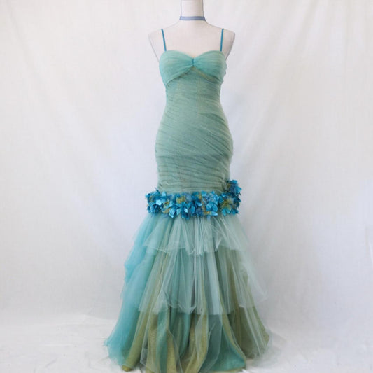 💙 Vintage unique teal floral long mermaid silhouette with flared hem and ruffled tulle formal prom dress. nv4987