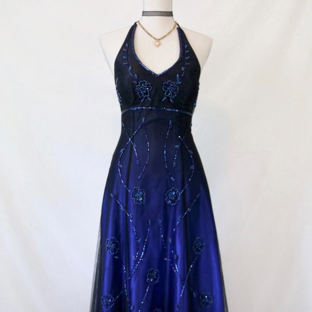 🥀 Vintage Dark Blue Glitter Ombre Beaded Long Tulle Ball Gown Evening Dress Party Dress nv4980