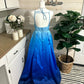 Atemberaubendes Cinderella-Ballkleid mit V-Ausschnitt und langem Satin in Blau mit Farbverlauf, Abendkleid, Partykleid, NV4254