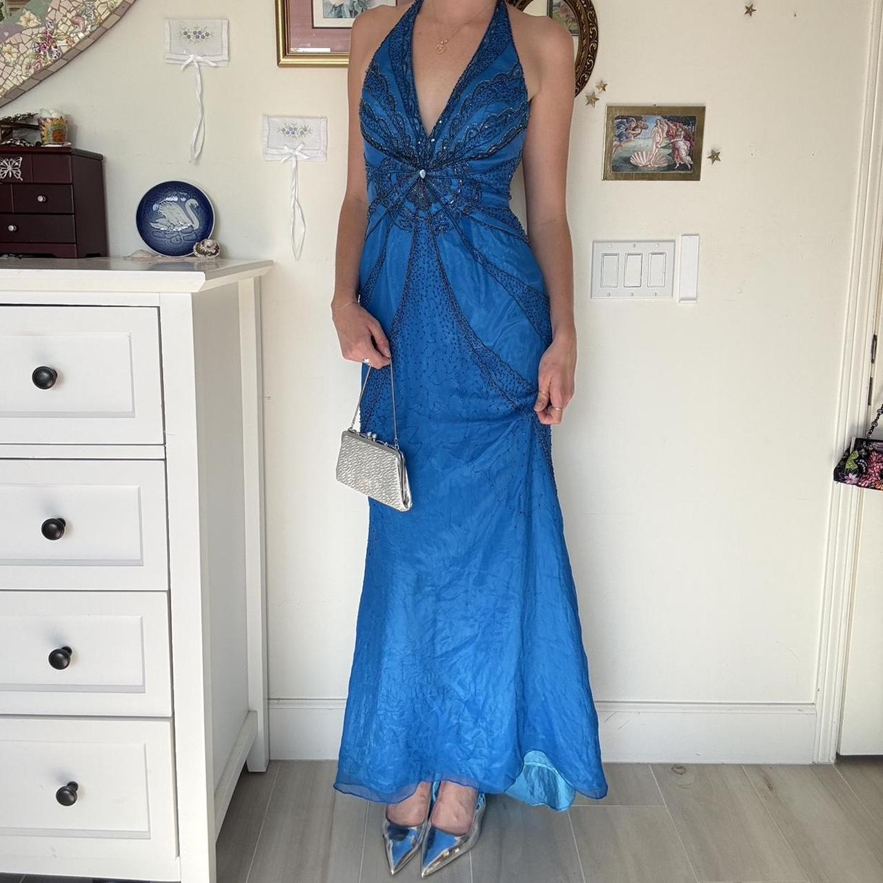 Robe de soirée longue bleue scintillante à perles et perles nv4681