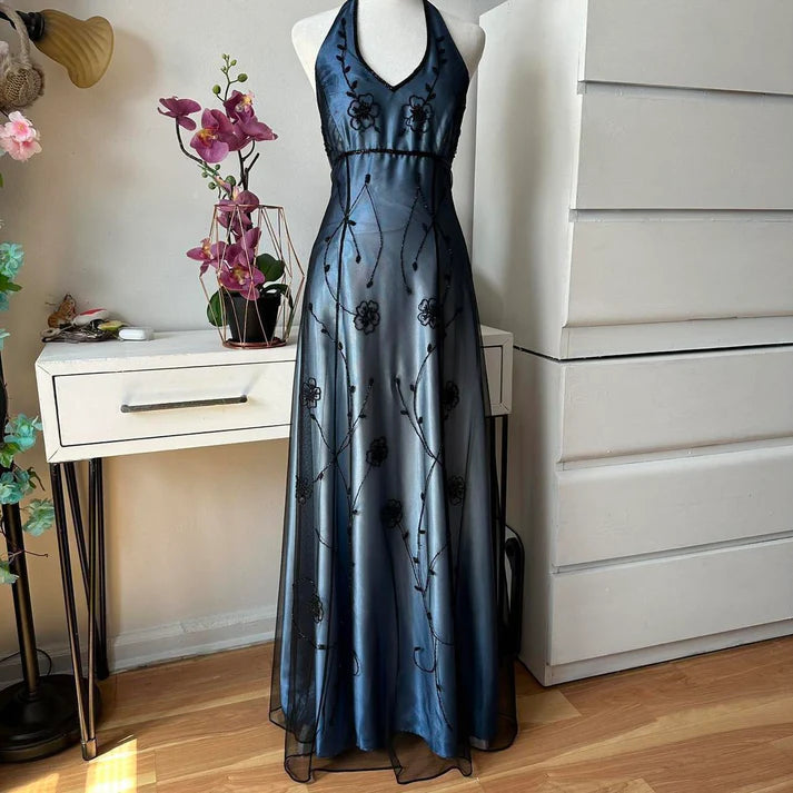 Blau Wunderschöne Vintage Elegante Exquisite Perlen Straps Lange Tüll Ballkleid Abendkleid Partykleid Ballkleid nv4247