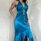 Blue Vintage Rhinestone Halter Neck Long Satin Prom Gown Evening Dress Party Dress nv4664