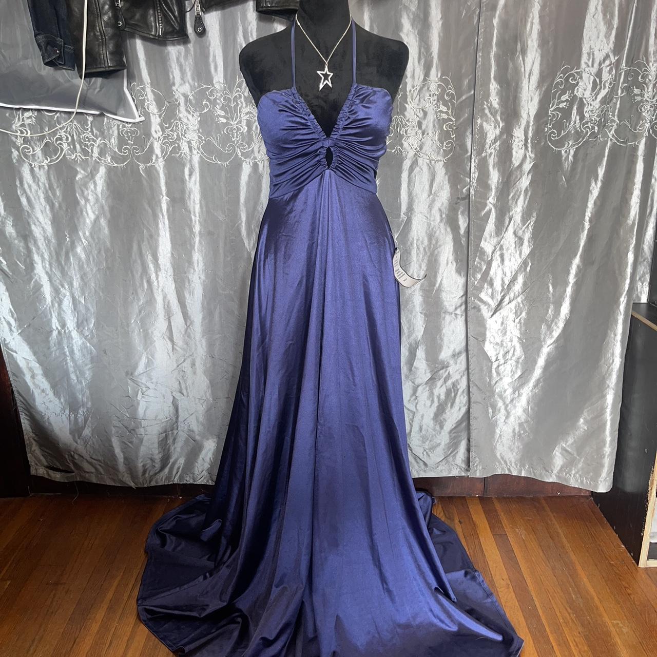 Blaues schlichtes, elegantes V-Ausschnitt-Sling-Lang-Satin-Ballkleid, Abendkleid, Partykleid nv3688