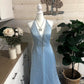 Robe de soirée longue en satin bleu clair à paillettes et perles scintillantes, col en V, robe de bal, robe de soirée, nv4253