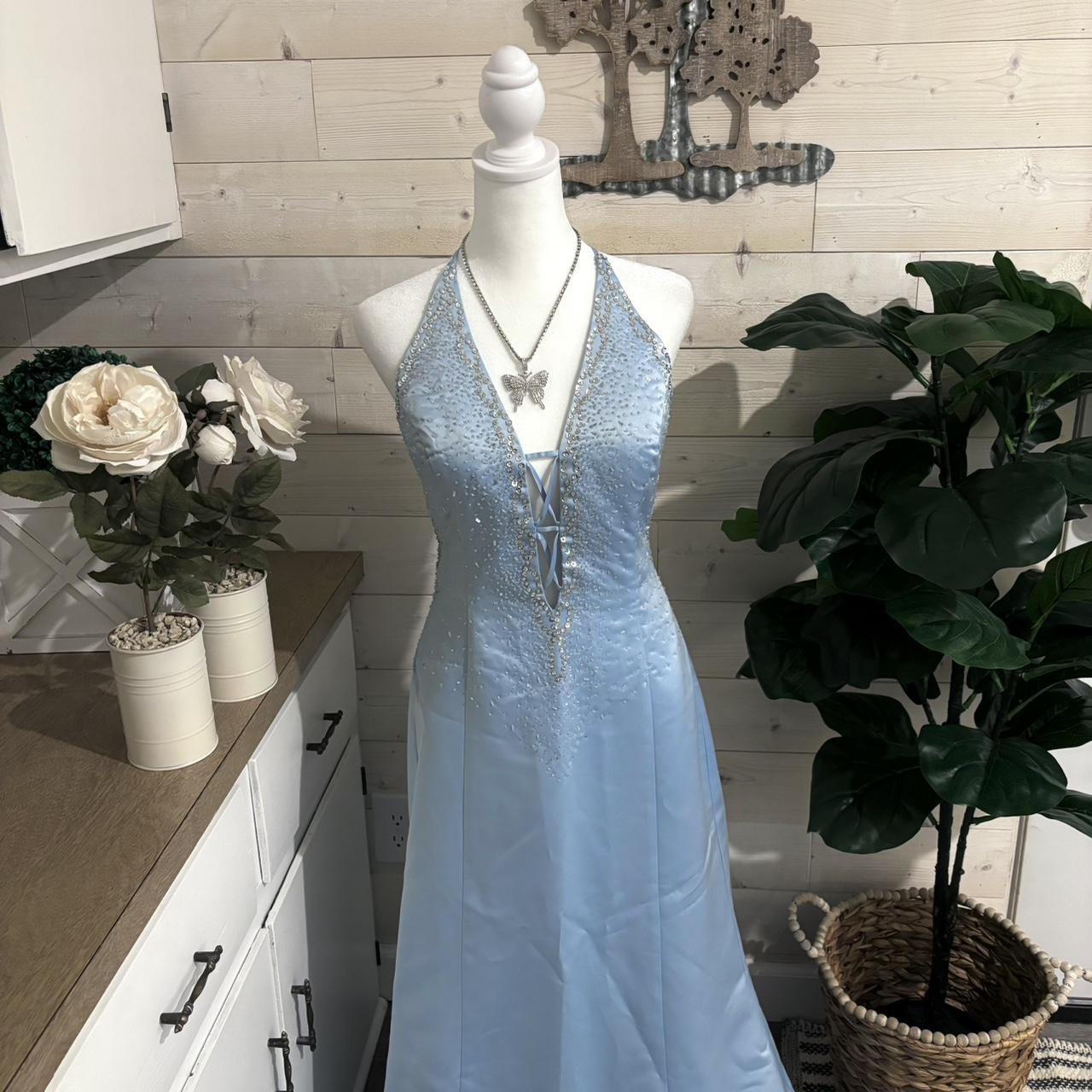 Robe de soirée longue en satin bleu clair à paillettes et perles scintillantes, col en V, robe de bal, robe de soirée, nv4253