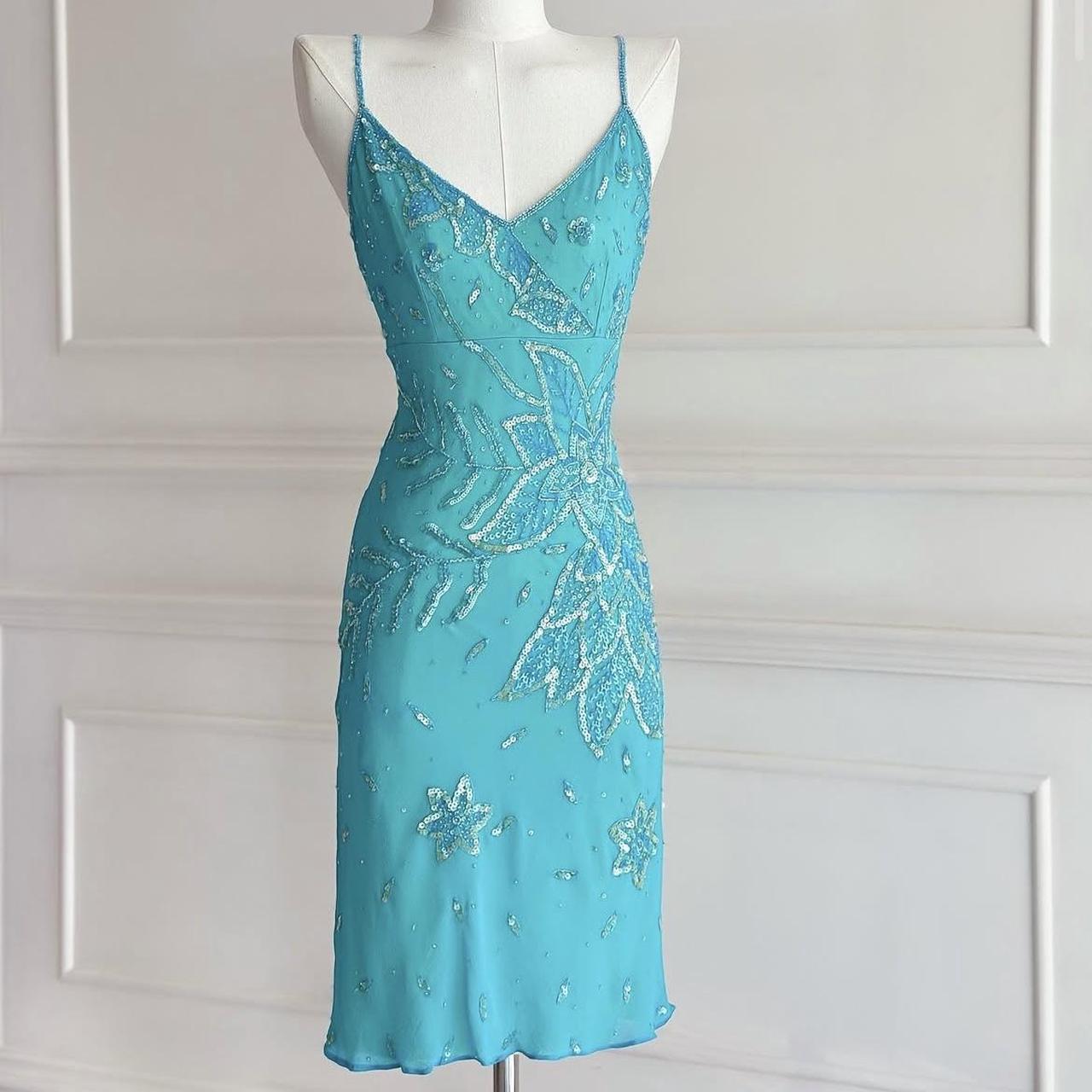 Robe de soirée turquoise vintage Y2K style bohème, motif floral, perles, paillettes, broderie, mi-longue, en mousseline de soie, robe à bretelles, robe de bal, robe de soirée, robe de soirée, nv4411