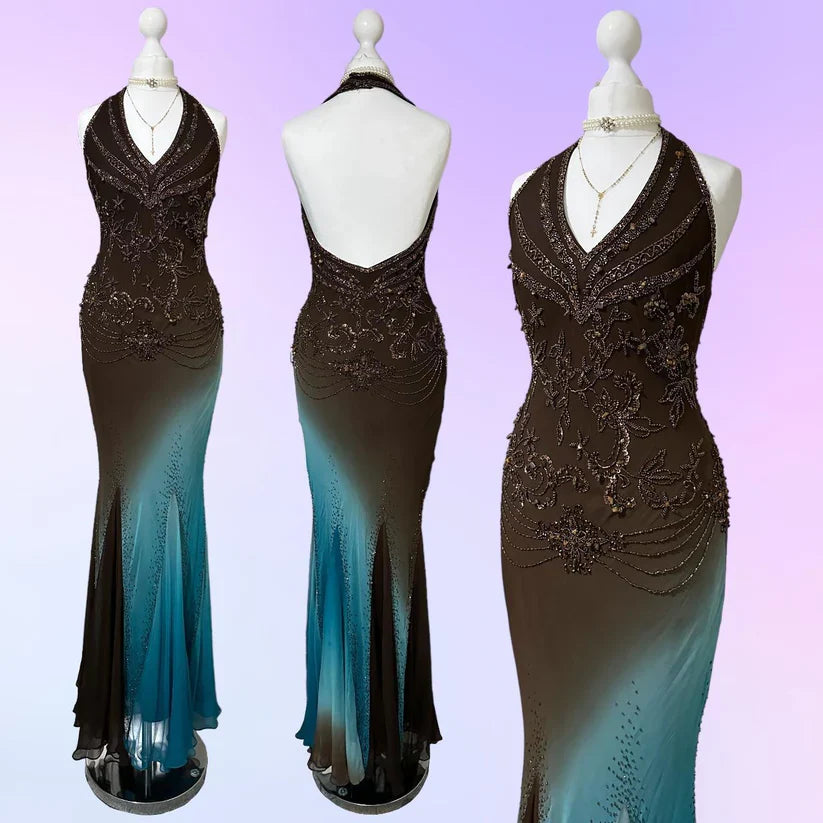 NiceVestidos--Mint chocolate blue and brown exquisite beaded suspenders long chiffon fashion gradient prom dress NV5675