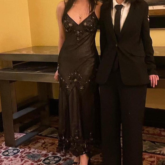 Brown and black fashion exquisite beaded spaghetti straps long chiffon women's ball gown evening dress party dress nv3744