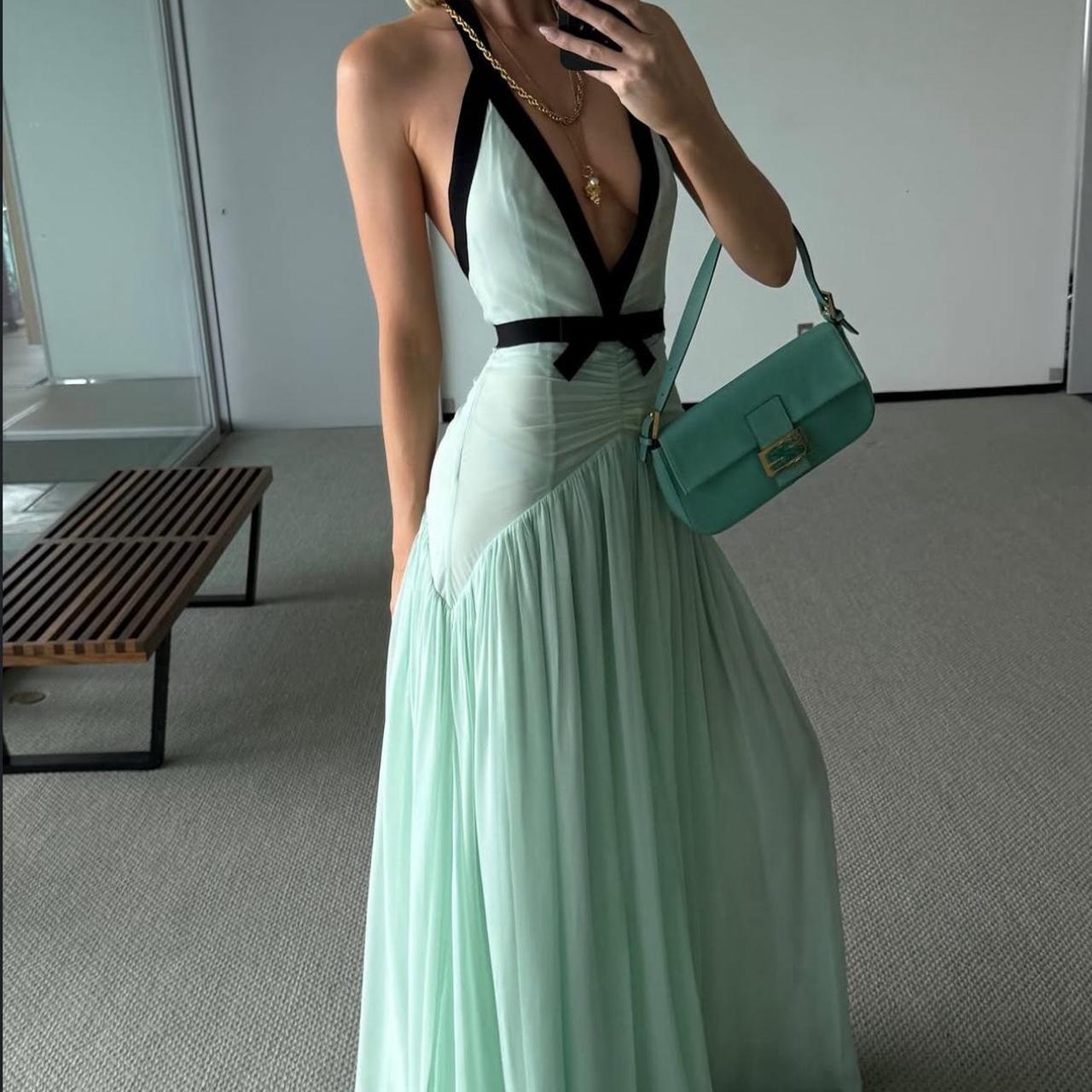 Mint green long fashionable V-neck chiffon prom dress evening dress wedding guest party dress nv5243