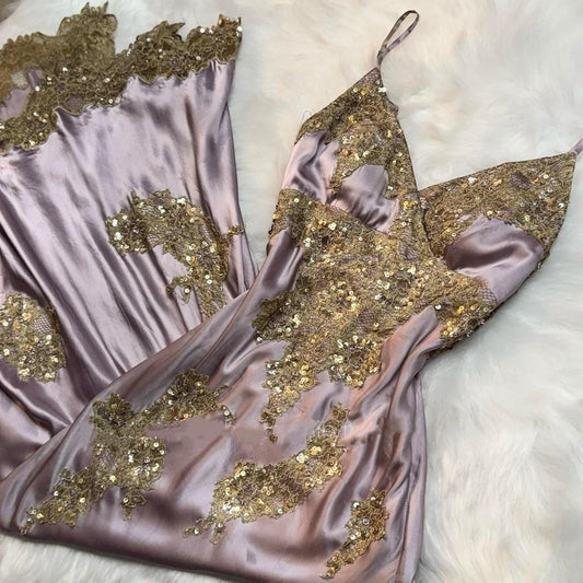 Women's Gold and Pink Intricate Beaded Long Sequined Satin Gown nv5328