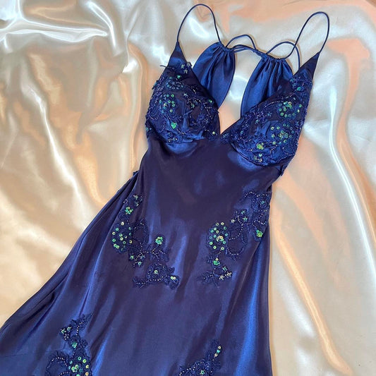 Beautiful dark blue floral embroidery, intricate floral beading, vintage long chiffon prom dress nv5380